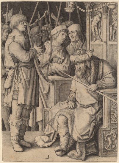 David spelar harpan före Saul av Lucas van Leyden