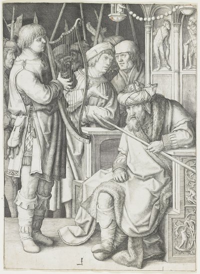 David spelar harpa inför Saul, ca 1508 av Lucas van Leyden