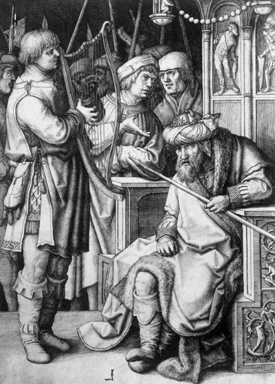 David spelar harpa inför kung Saul, cirka 1508, av Lucas van Leyden (ca 1494-1533), gravyr av Lucas van Leyden
