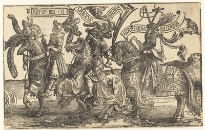 Hjältarna kung Arthur, Karl den Store och Godfrey av Bouillon The Nine Heroes (serietitel) av Lucas van Leyden
