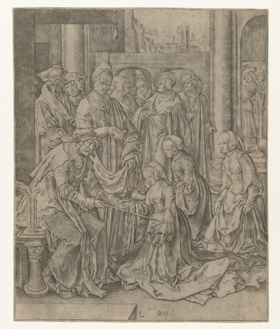 Ester knäböjer framför Ahasveros av Lucas van Leyden