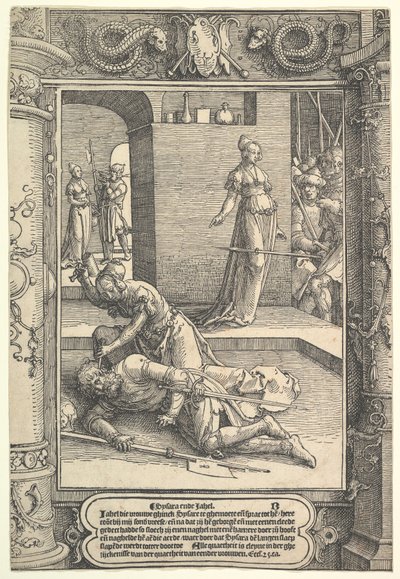 Jael Killing Sisera, prydnadsram, ca. 1517. av Lucas van Leyden