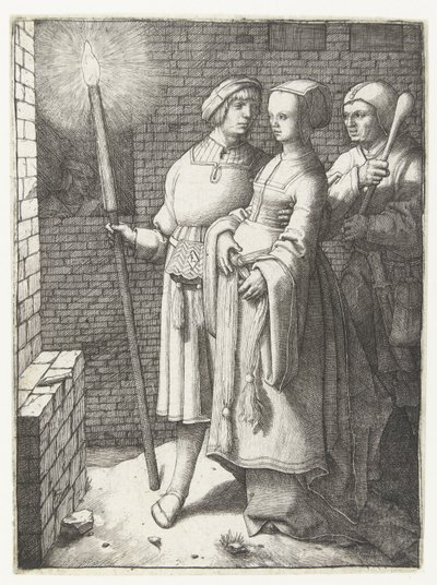 Ung man med en fackla, en kvinna och en nar av Lucas van Leyden