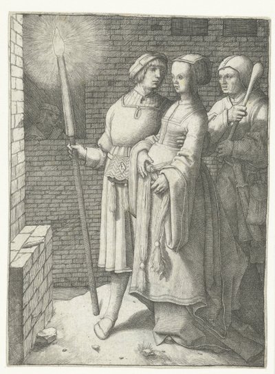 Ung man med en fackla, en kvinna och en nar av Lucas van Leyden