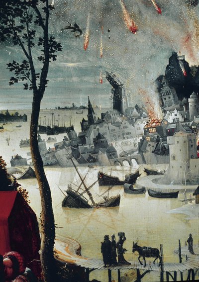 Lot och hans döttrar, detalj om Sodoms förstörelse (olja på panel, cirka 1517) av Lucas van Leyden