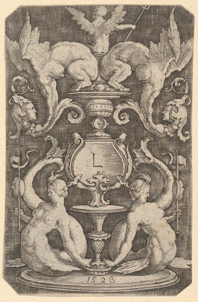 Panel av prydnad med två sirener, 1528. av Lucas van Leyden