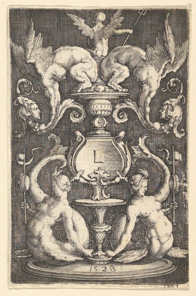 Panel av prydnad med två sirener, 1528. av Lucas van Leyden