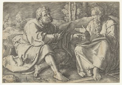 Paul och Peter sitter i ett landskap av Lucas van Leyden
