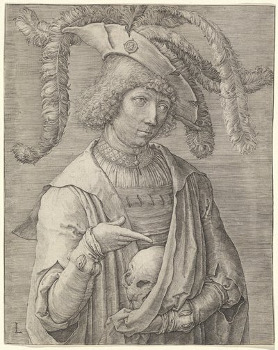 Porträtt av en ung man med en skalle av Lucas van Leyden