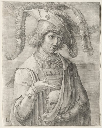 Porträtt av en ung man med en skalle av Lucas van Leyden