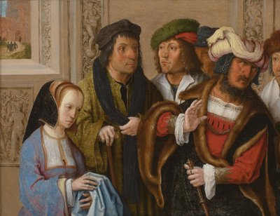 Potifars hustru visar sin man Josefs mantel. I bakgrunden: Josef förs till fängelset av Lucas van Leyden