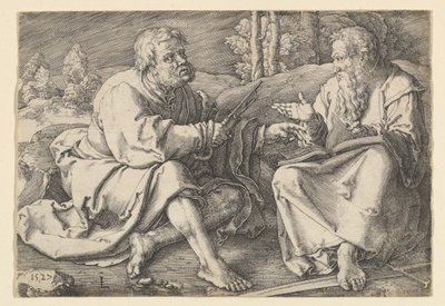 Sts. Peter och Paul sitter i ett landskap, 1527. av Lucas van Leyden