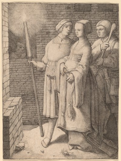 Mannen med facklan och en kvinna följt av en dåre av Lucas van Leyden