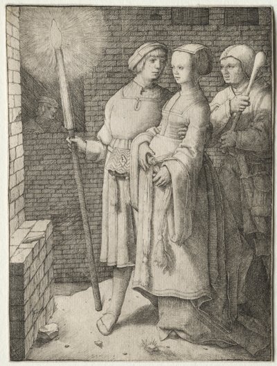 Mannen med facklan och en kvinna följt av en dåre av Lucas van Leyden