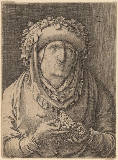 Den gamla kvinnan med druvor av Lucas van Leyden