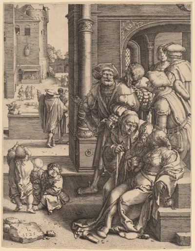Poeten Vergilius upphängd i en korg av Lucas van Leyden