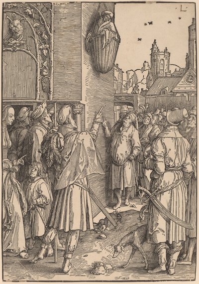 Poeten Vergilius upphängd i en korg av Lucas van Leyden