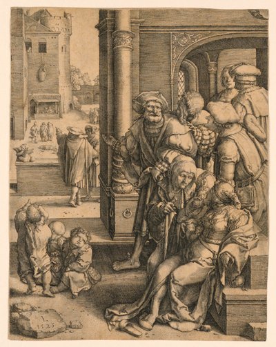 Poeten Vergilius upphängd i en korg av Lucas van Leyden