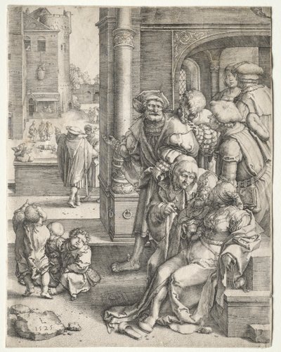 Poeten Vergilius upphängd i en korg av Lucas van Leyden