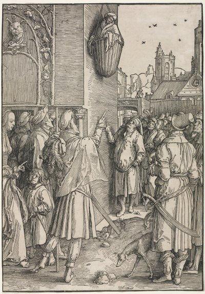 The Power of Women: Poeten Vergilius upphängd i en korg av Lucas van Leyden