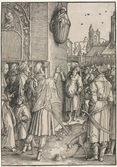 The Power of Women: Poeten Virgil upphängd i en korg, ca. 1512. av Lucas van Leyden
