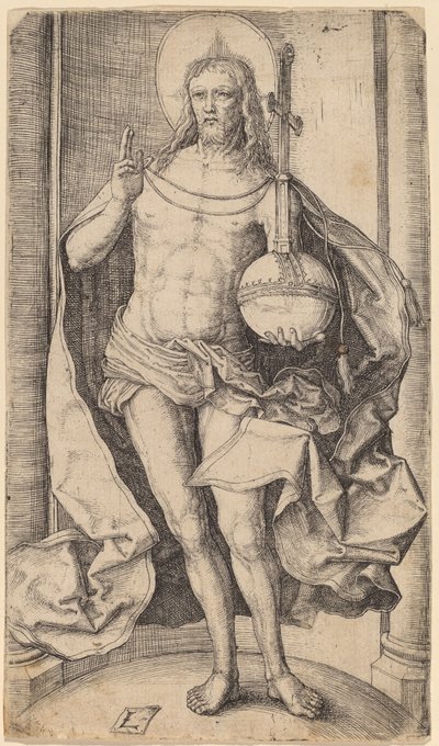 Frälsaren står med jordklotet och korset i vänster hand av Lucas van Leyden