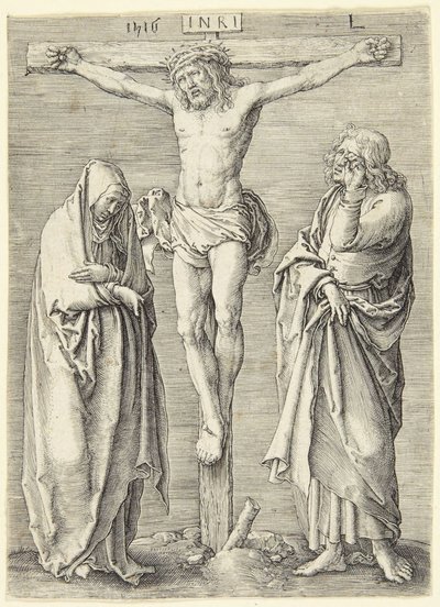 Jungfrun och Sankt Johannes vid korsets fot av Lucas van Leyden