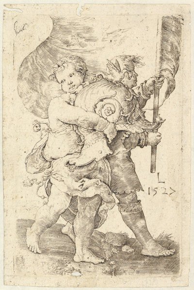 Två pojkar med hjälm och standard, 1527. av Lucas van Leyden