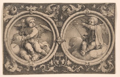 Två amoriner sittande på moln av Lucas van Leyden