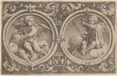 Två cupids som sitter på moln i två cirklar av Lucas van Leyden
