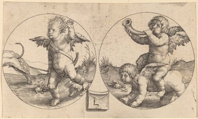 Två cupider i två cirklar av Lucas van Leyden