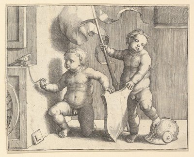 Två nakna barn som stödjer en tom sköld, ca. 1510. av Lucas van Leyden
