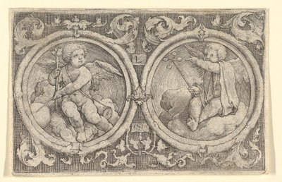 Två Putti sittande i moln i cirklar med rankor, 1517. av Lucas van Leyden