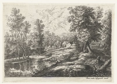 Landskap med hus och en kyrka omgiven av en mur Fem landskap (serietitel) av Lucas van Uden