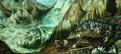 Landskap med Jerusalem, Kristus som bär korset och förberedelser på Golgata-kullen av Lucas van Valckenborch