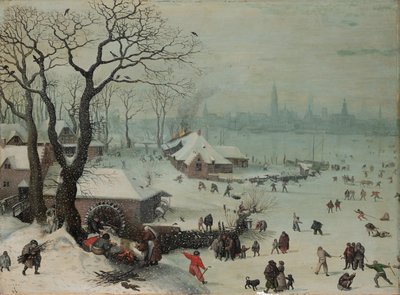 Vinterlandskap med snöfall nära Antwerpen av Lucas van Valckenborch