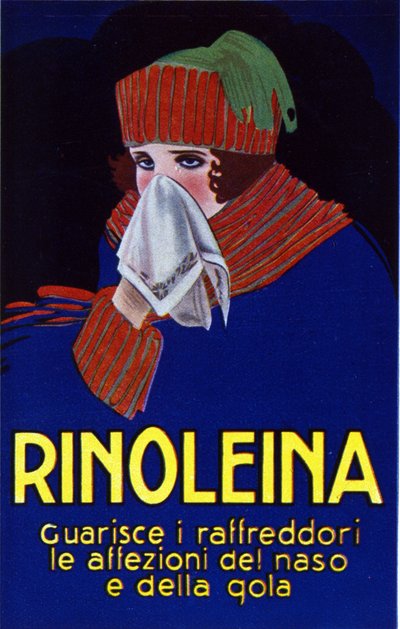 Reklam för läkemedlet Rinoleina mot förkylning, halsont och hosta. Illustration av Lucien Achille Mauzan (1883-1952). av Luciano Achille Mauzan