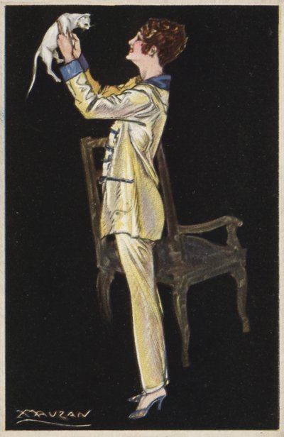 Flicka i pyjamas håller vit katt (färg litho) av Luciano Achille Mauzan