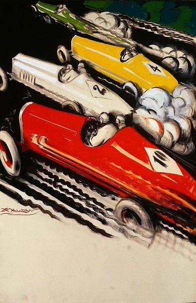 Motorracing (litho i färg) av Luciano Achille Mauzan