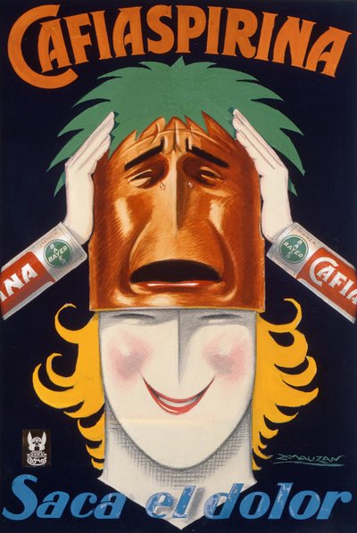 Affisch producerad i Argentina för att marknadsföra Cafiaspirina aspirin (färg litho) av Luciano Achille Mauzan