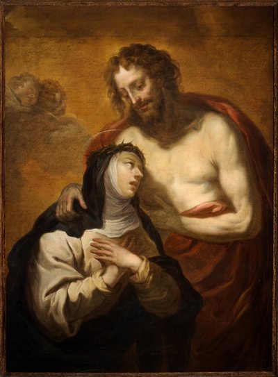 Kristi mystiska omfamning till Saint Catherine of Siena, Mystical Vision (olja på duk) av Luciano Borzone
