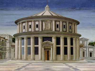 Vy över en ideal stad, eller Guds stad, efter 1470 detalj av 80057 olja på panel av Luciano Laurana