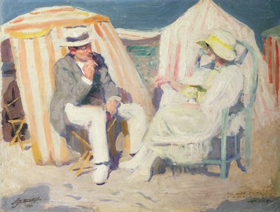 Samtal på stranden (olja på duk) av Lucien Hector Jonas