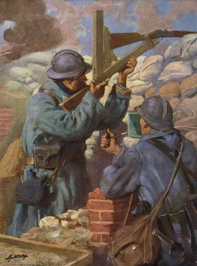 Fransk soldat som använder ett speciellt anpassat prickskyttegevär med periskop i skyttegravarna, första världskriget av Lucien Hector Jonas