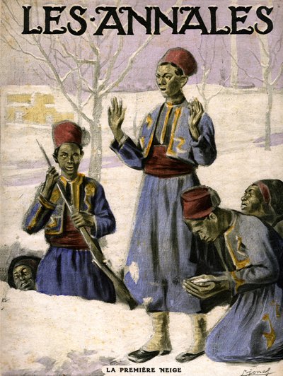 Den första snön: en grupp senegalesiska skärmytslare upptäcker snön (gravyr) av Lucien Hector Jonas