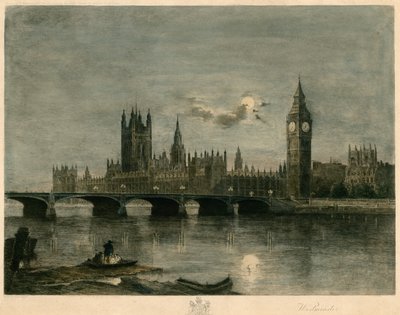 Westminster på natten färgad gravyr av Lucien Marcelin Gautier