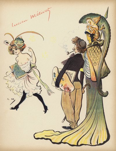 Tjej som vinkar till en konstnär att följa henne (färg litho) av Lucien Metivet