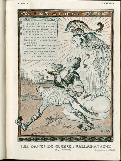 Illustration i "Fantasio", 01/04/15 - krigets kvinna Pallas-Athenee krig 14-18 (gravyr) av Lucien Metivet