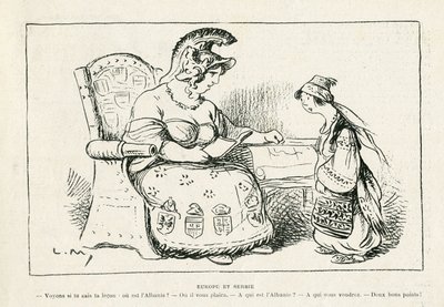 Illustration i Le Rire, 01/11/13 - Europa och Serbien - War of 14-18 (gravyr) av Lucien Metivet