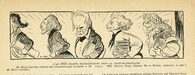 Illustration i Le Rire, 04/01/13 - året 1913... - Teater, Comedie francaise - Hugo Victor, Dumas Alexandre (son), Lavedan Henri (1859-1940), Guitry Sacha, Musset Alfred, Moliere (gravyr) av Lucien Metivet